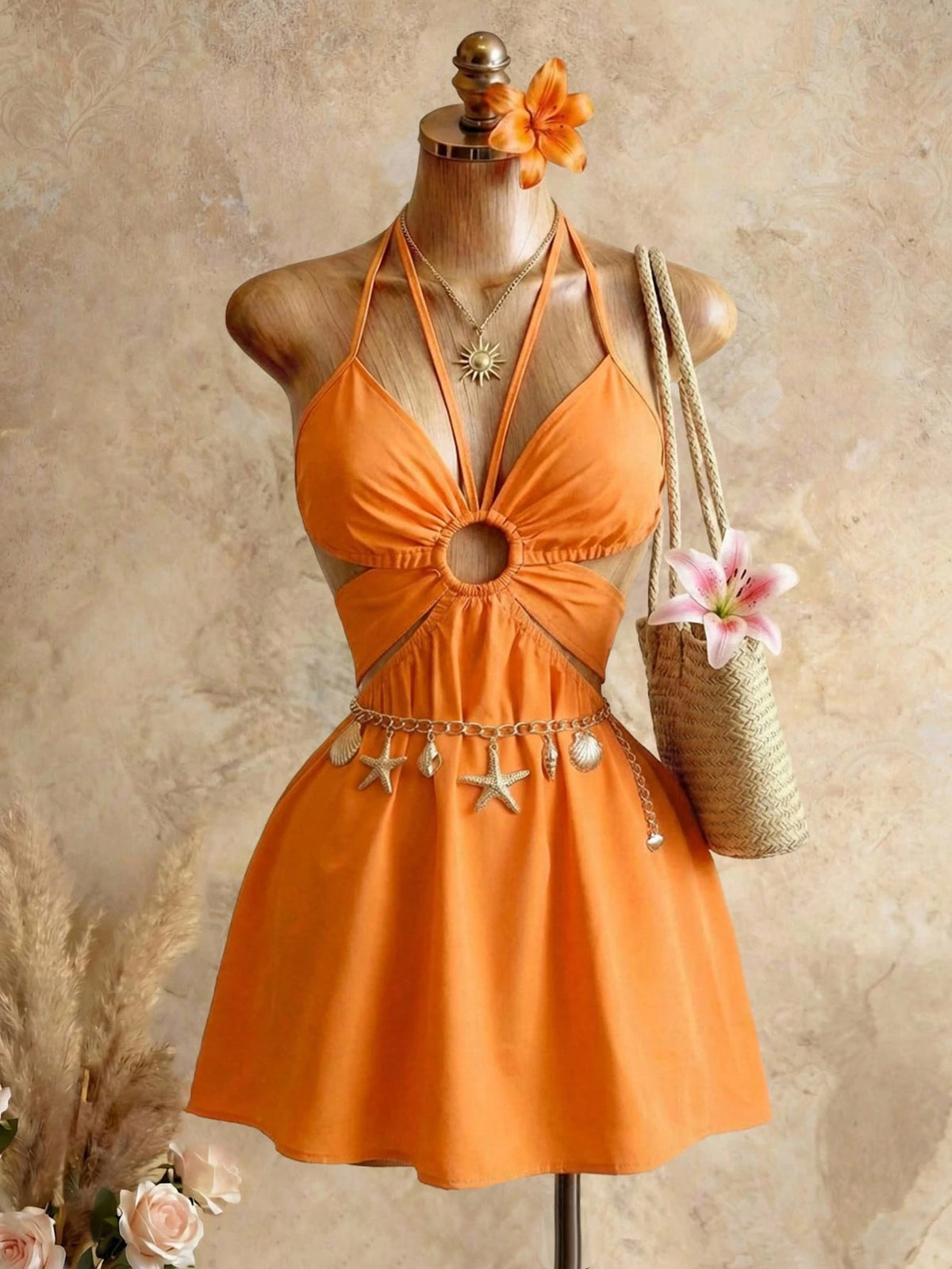 Swim SXY Orange Hollow Neck Sleeveless Dress, Beach Vacation Style Cropped Ruched Mini Skirt, Suitable For Hanging Out With Friends, Party, Casual Vibe Elegant, Aesthetic