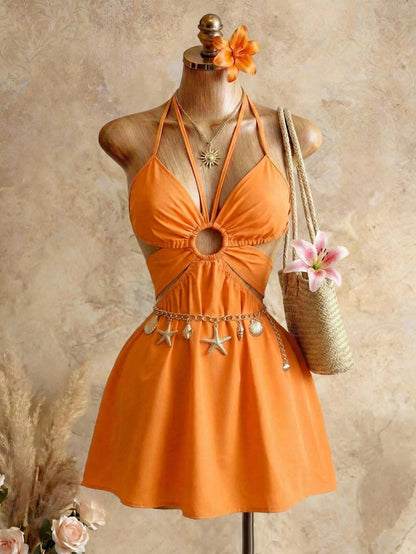 Swim SXY Orange Hollow Neck Sleeveless Dress, Beach Vacation Style Cropped Ruched Mini Skirt, Suitable For Hanging Out With Friends, Party, Casual Vibe Elegant, Aesthetic