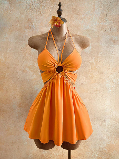 Swim SXY Orange Hollow Neck Sleeveless Dress, Beach Vacation Style Cropped Ruched Mini Skirt, Suitable For Hanging Out With Friends, Party, Casual Vibe Elegant, Aesthetic