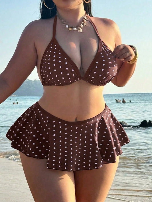 Swim SXY Plus Size 2-Piece Swimwear For Women: Spaghetti Strap Polka Dot Print Top And Ruffle Trim Bikini Bottom, Sexy Beach Outfit, Summer Set