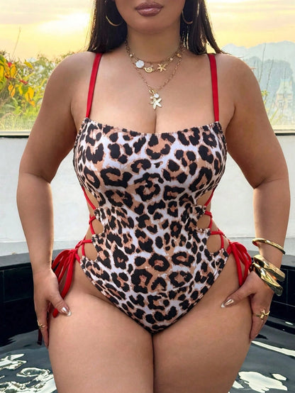 Swim SXY Plus Size One-Piece Swimsuit 2026, Summer Beach Gym Vacation Hollow-Out Drawstring Side Spaghetti Strap Swimwear Beige Sexy