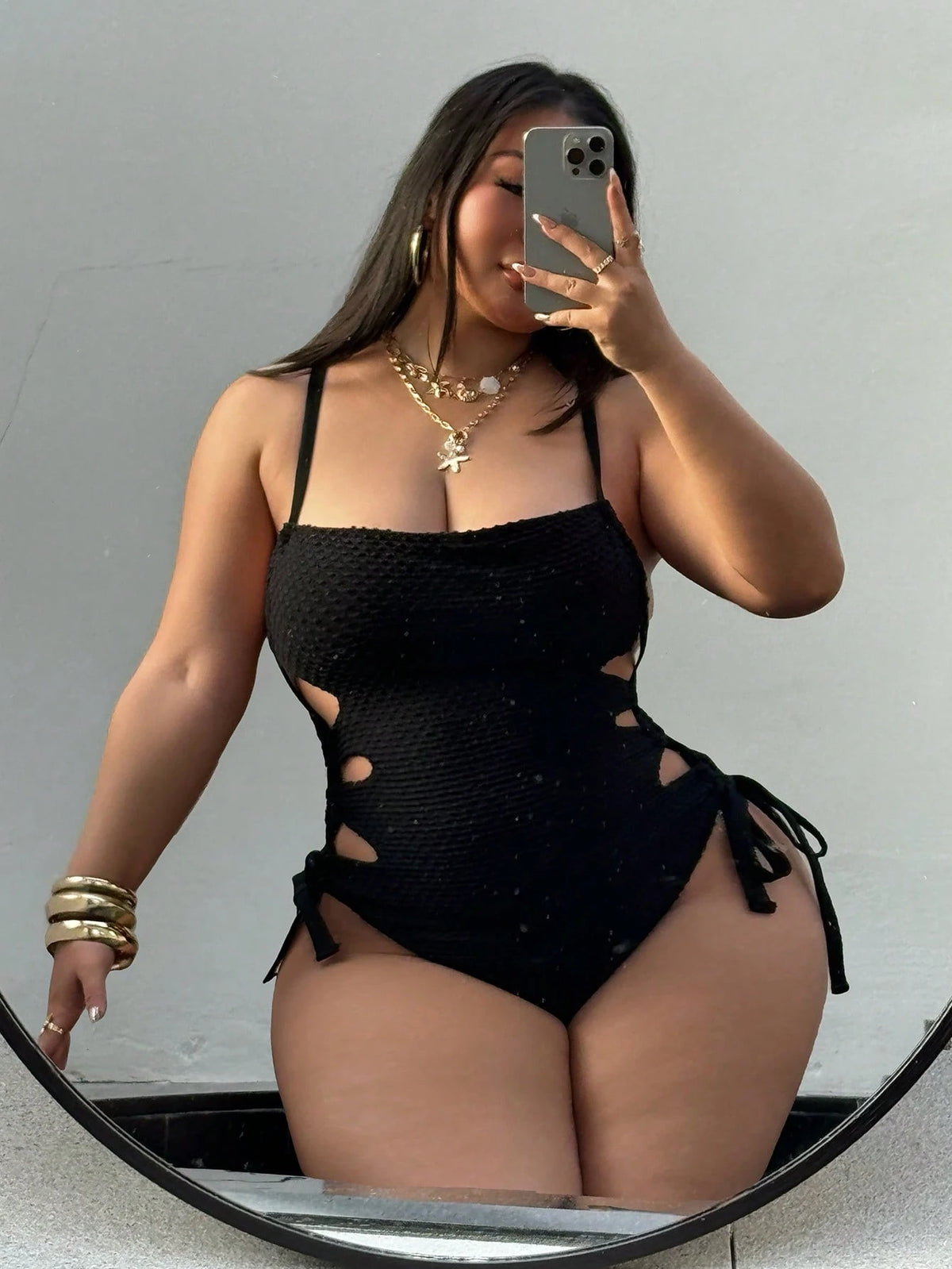 Swim SXY Plus Size One-Piece Swimsuit 2026, Summer Beach Gym Vacation Hollow-Out Drawstring Side Spaghetti Strap Swimwear Beige Sexy