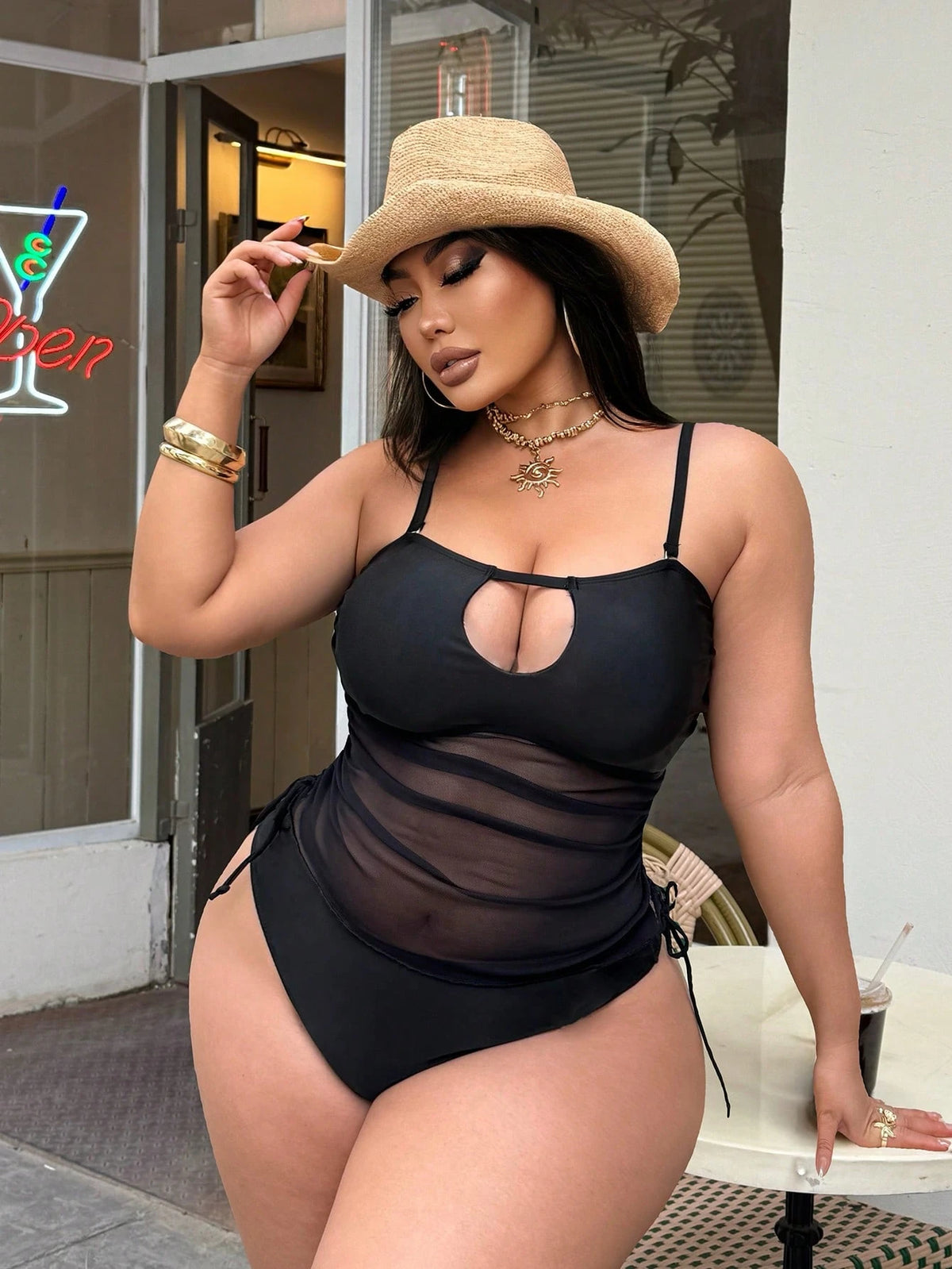Swim SXY Plus Size Women's Black Mesh Patchwork Swimwear Set,Detachable Spaghetti Strap Side Tie Drawstring Summer Beach Vacation Holiday Party Outfit