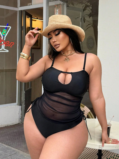 Swim SXY Plus Size Women's Black Mesh Patchwork Swimwear Set,Detachable Spaghetti Strap Side Tie Drawstring Summer Beach Vacation Holiday Party Outfit