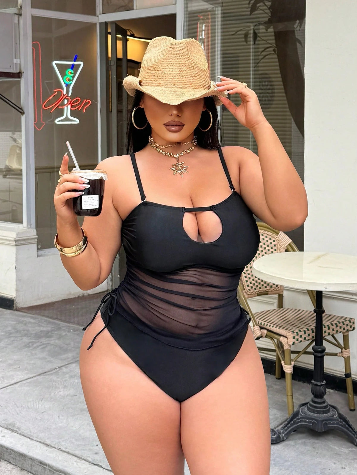 Swim SXY Plus Size Women's Black Mesh Patchwork Swimwear Set,Detachable Spaghetti Strap Side Tie Drawstring Summer Beach Vacation Holiday Party Outfit
