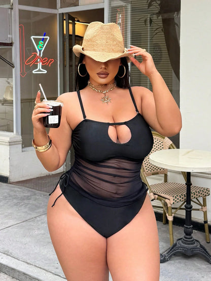 Swim SXY Plus Size Women's Black Mesh Patchwork Swimwear Set,Detachable Spaghetti Strap Side Tie Drawstring Summer Beach Vacation Holiday Party Outfit