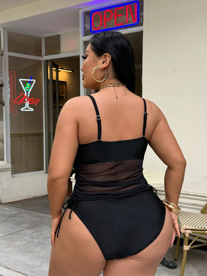 Swim SXY Plus Size Women's Black Mesh Patchwork Swimwear Set,Detachable Spaghetti Strap Side Tie Drawstring Summer Beach Vacation Holiday Party Outfit