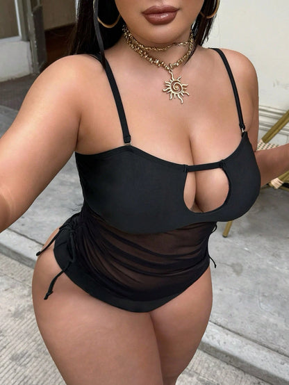 Swim SXY Plus Size Women's Black Mesh Patchwork Swimwear Set,Detachable Spaghetti Strap Side Tie Drawstring Summer Beach Vacation Holiday Party Outfit