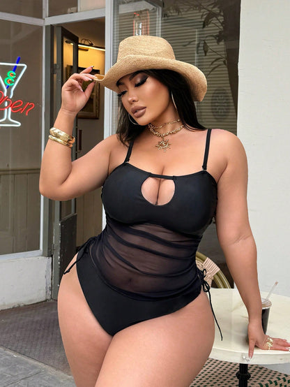 Swim SXY Plus Size Women's Black Mesh Patchwork Swimwear Set,Detachable Spaghetti Strap Side Tie Drawstring Summer Beach Vacation Holiday Party Outfit