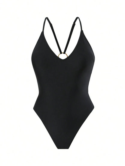 Swim SXY Spring/Summer Sunshine Beach Swimsuit, Random Metallic Print, Spaghetti Strap Backless Metal Ring Sexy One-Piece Swimwear For Women