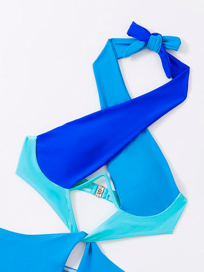 Swim SXY Summer Beach Colorblock Cut Out Cross Halter Underwire One Piece Swimsuit