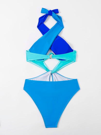 Swim SXY Summer Beach Colorblock Cut Out Cross Halter Underwire One Piece Swimsuit