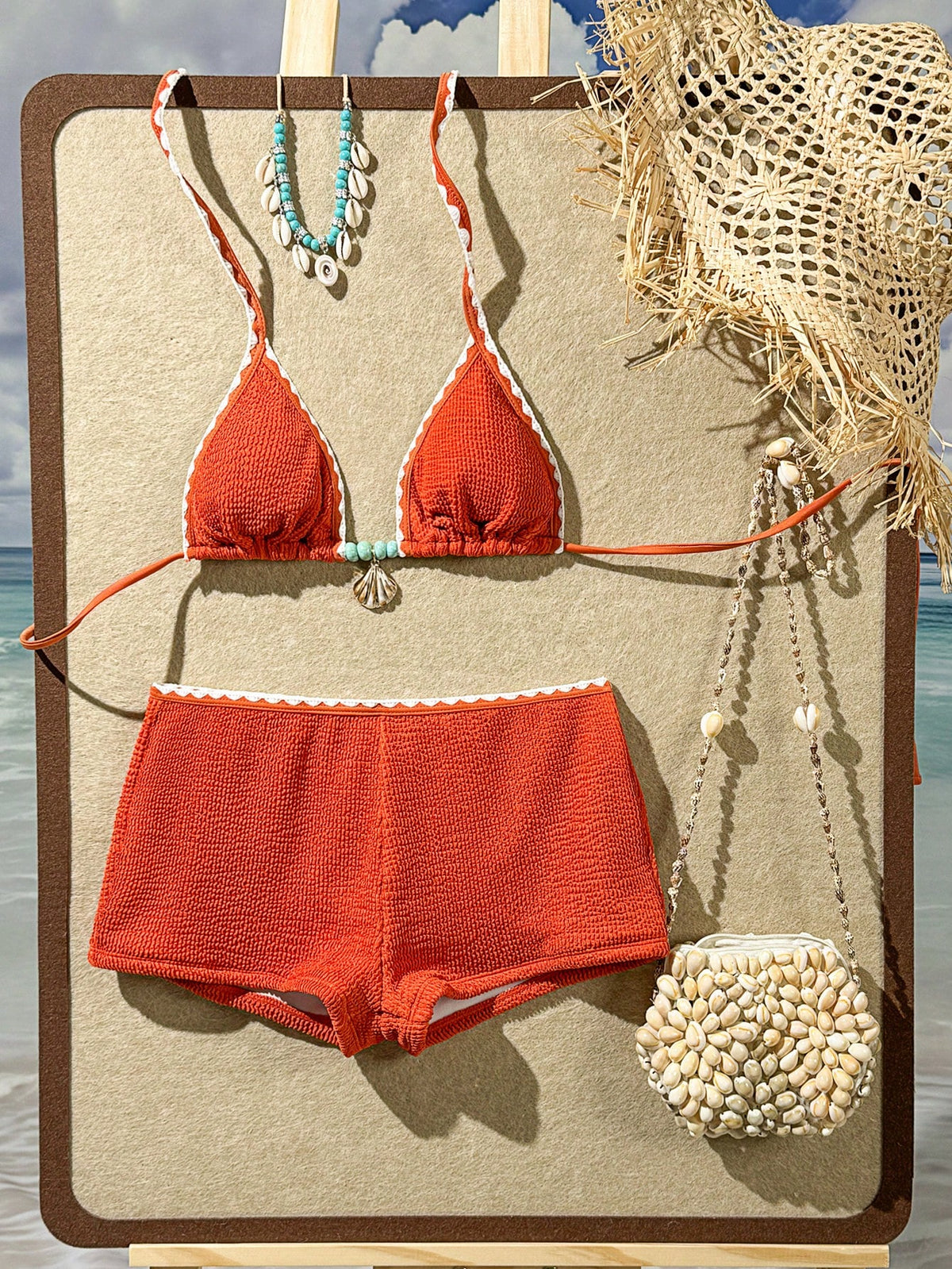 Swim SXY Summer New Caramel Textured Fabric Ocean Starfish Decor Halter Tie Beach Vacation Women 2 Pieces Swimsuit Set With Straight Leg Pants