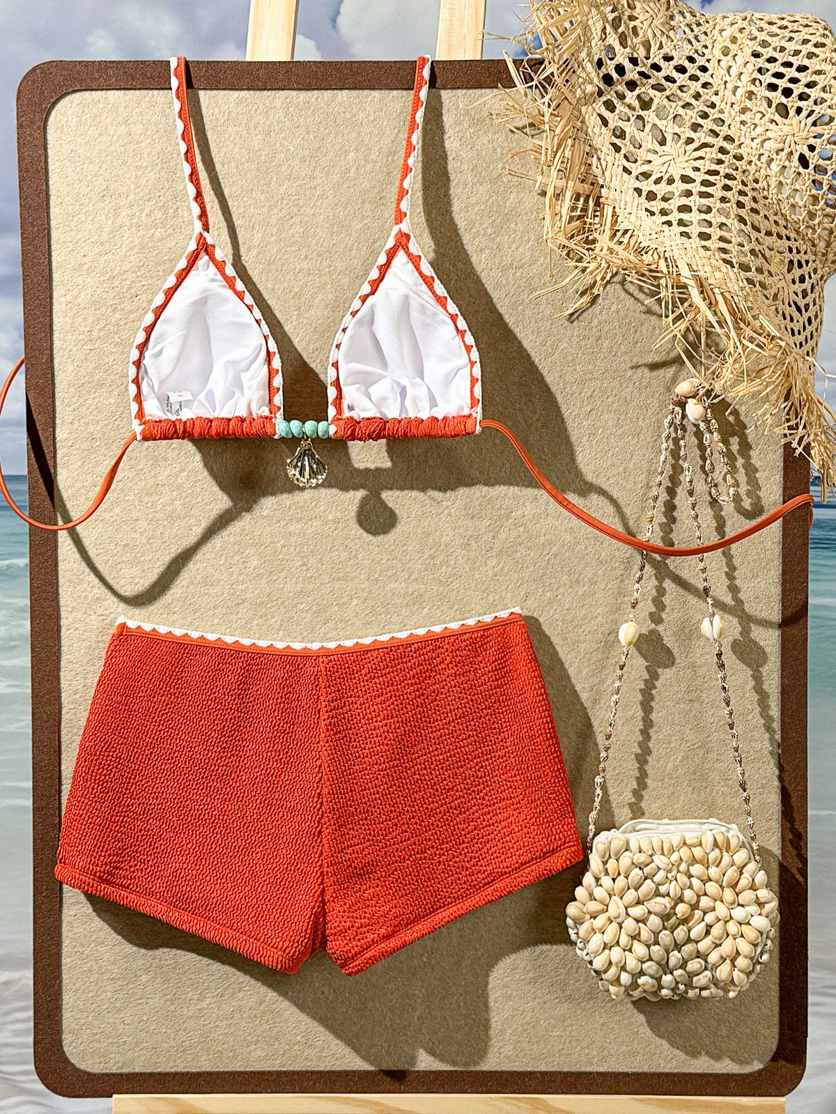 Swim SXY Summer New Caramel Textured Fabric Ocean Starfish Decor Halter Tie Beach Vacation Women 2 Pieces Swimsuit Set With Straight Leg Pants