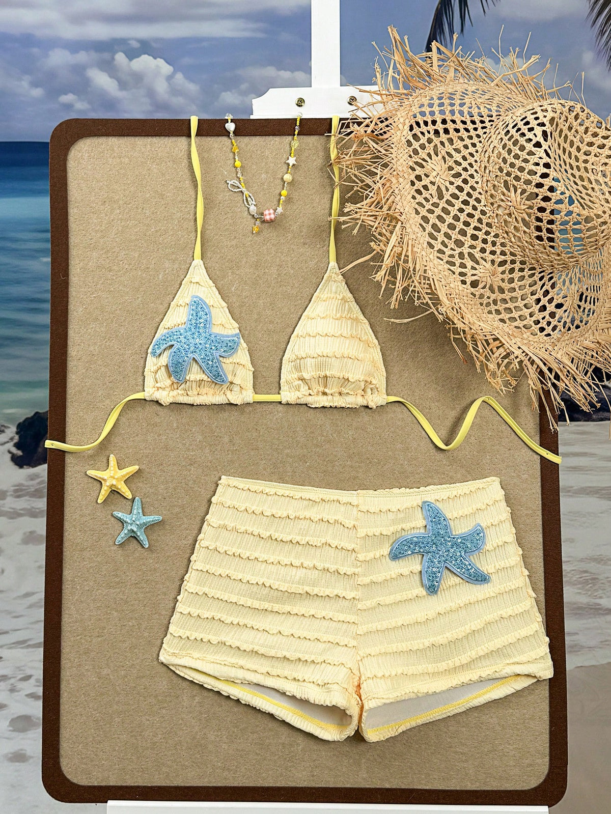 Swim SXY Summer New Caramel Textured Fabric Ocean Starfish Decor Halter Tie Beach Vacation Women 2 Pieces Swimsuit Set With Straight Leg Pants