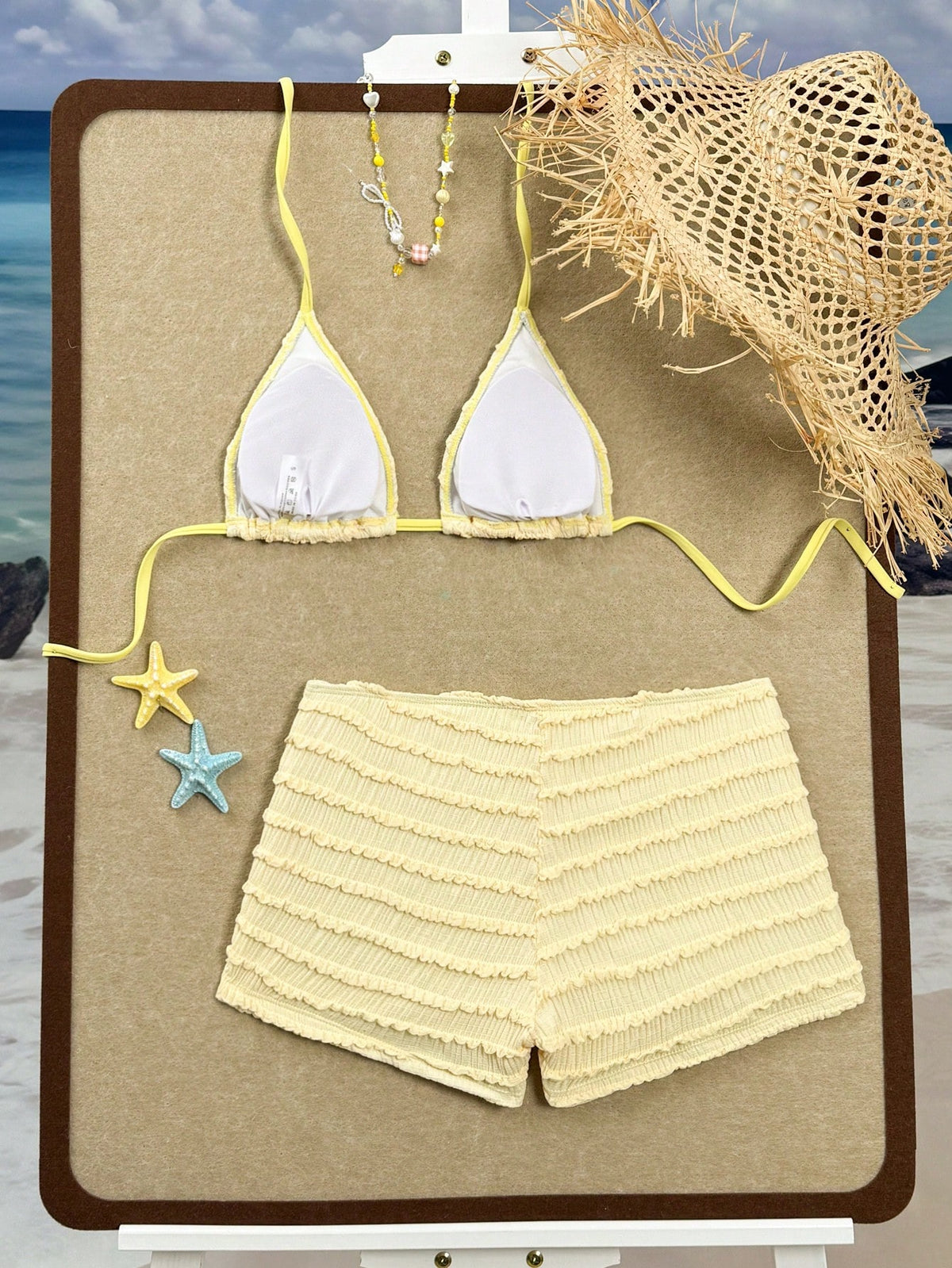 Swim SXY Summer New Caramel Textured Fabric Ocean Starfish Decor Halter Tie Beach Vacation Women 2 Pieces Swimsuit Set With Straight Leg Pants