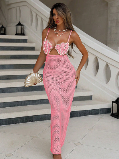 Swim SXY Women's Powder Dress Elegant Vacation Crochet Bra Cup Pearl Strap Dress Spring Summer Picks