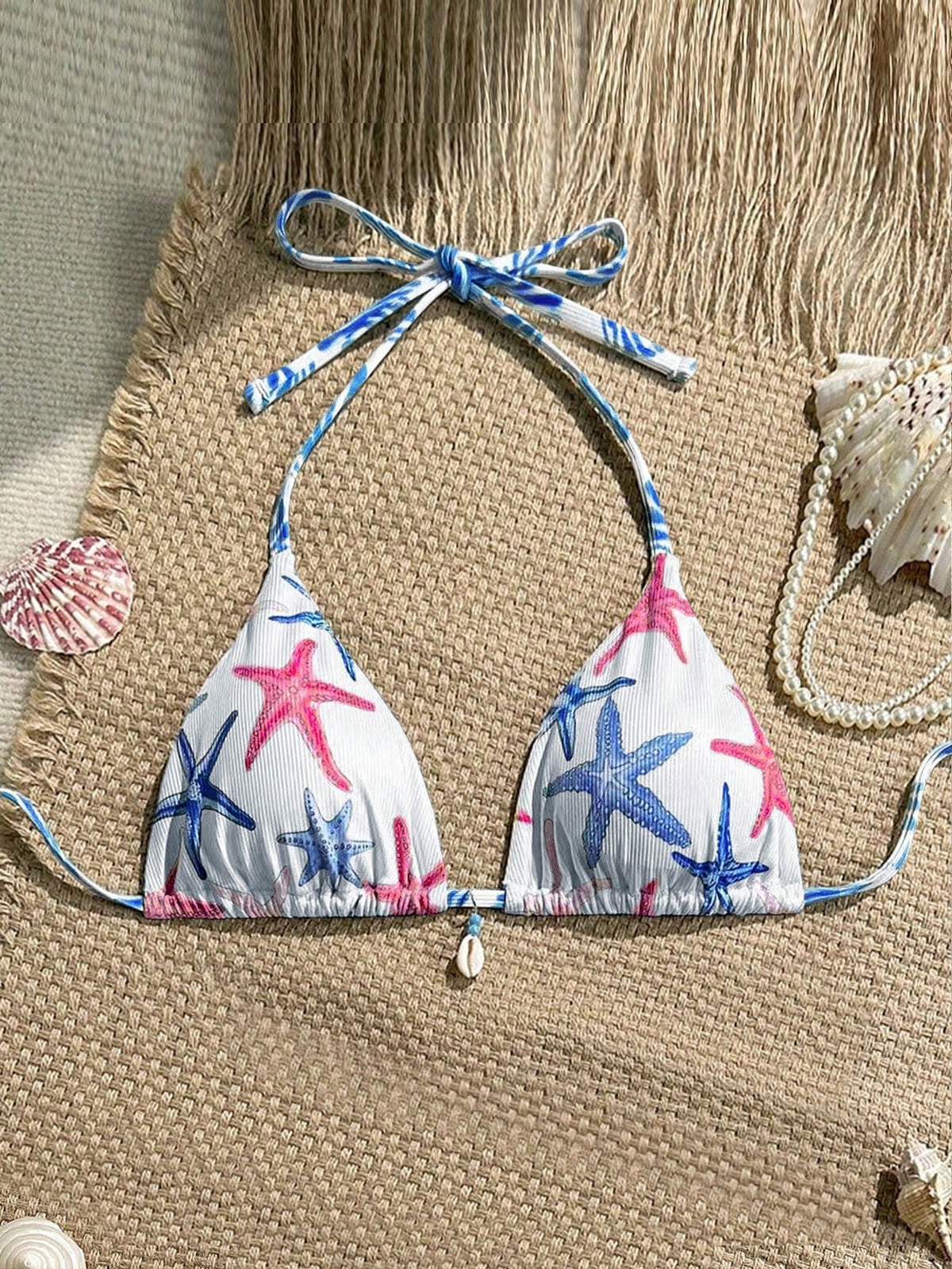 Swim Vcay 1pc Women Summer Vacation Random Seashell Print Ribbed Texture Fabric Halter Bra Top Beachwear Bathers