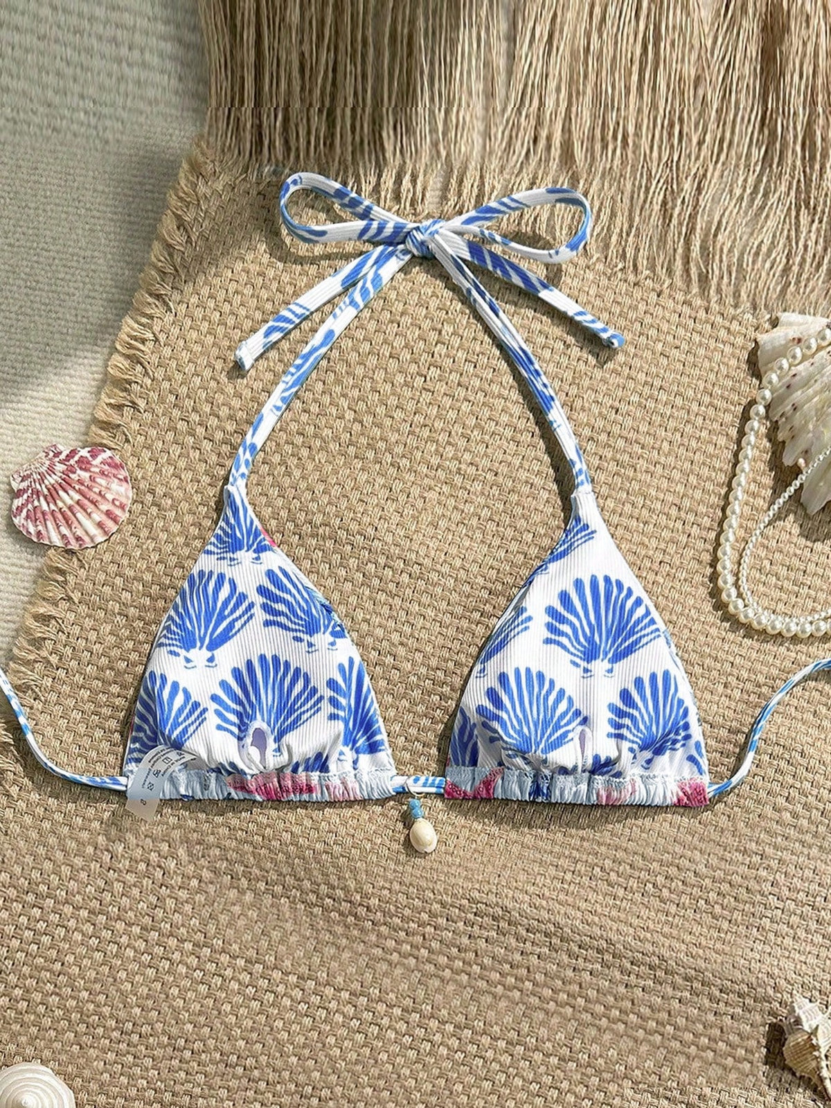 Swim Vcay 1pc Women Summer Vacation Random Seashell Print Ribbed Texture Fabric Halter Bra Top Beachwear Bathers