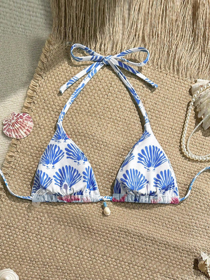 Swim Vcay 1pc Women Summer Vacation Random Seashell Print Ribbed Texture Fabric Halter Bra Top Beachwear Bathers