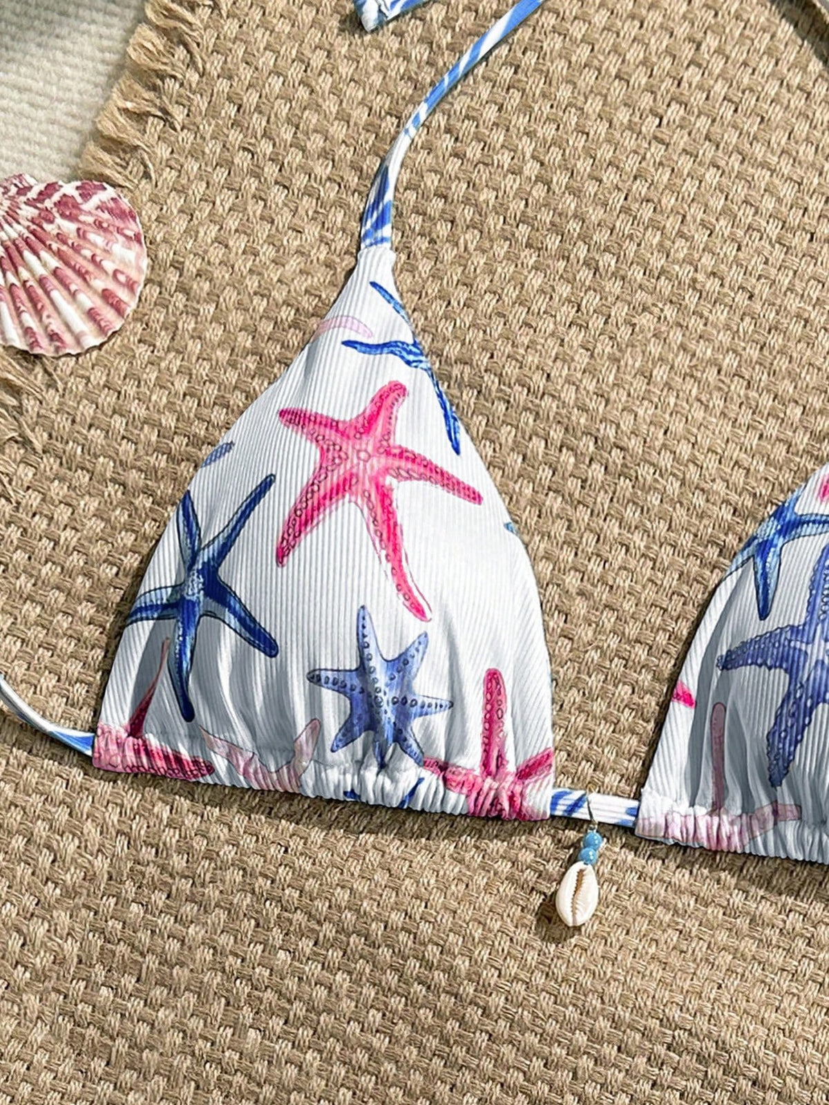 Swim Vcay 1pc Women Summer Vacation Random Seashell Print Ribbed Texture Fabric Halter Bra Top Beachwear Bathers