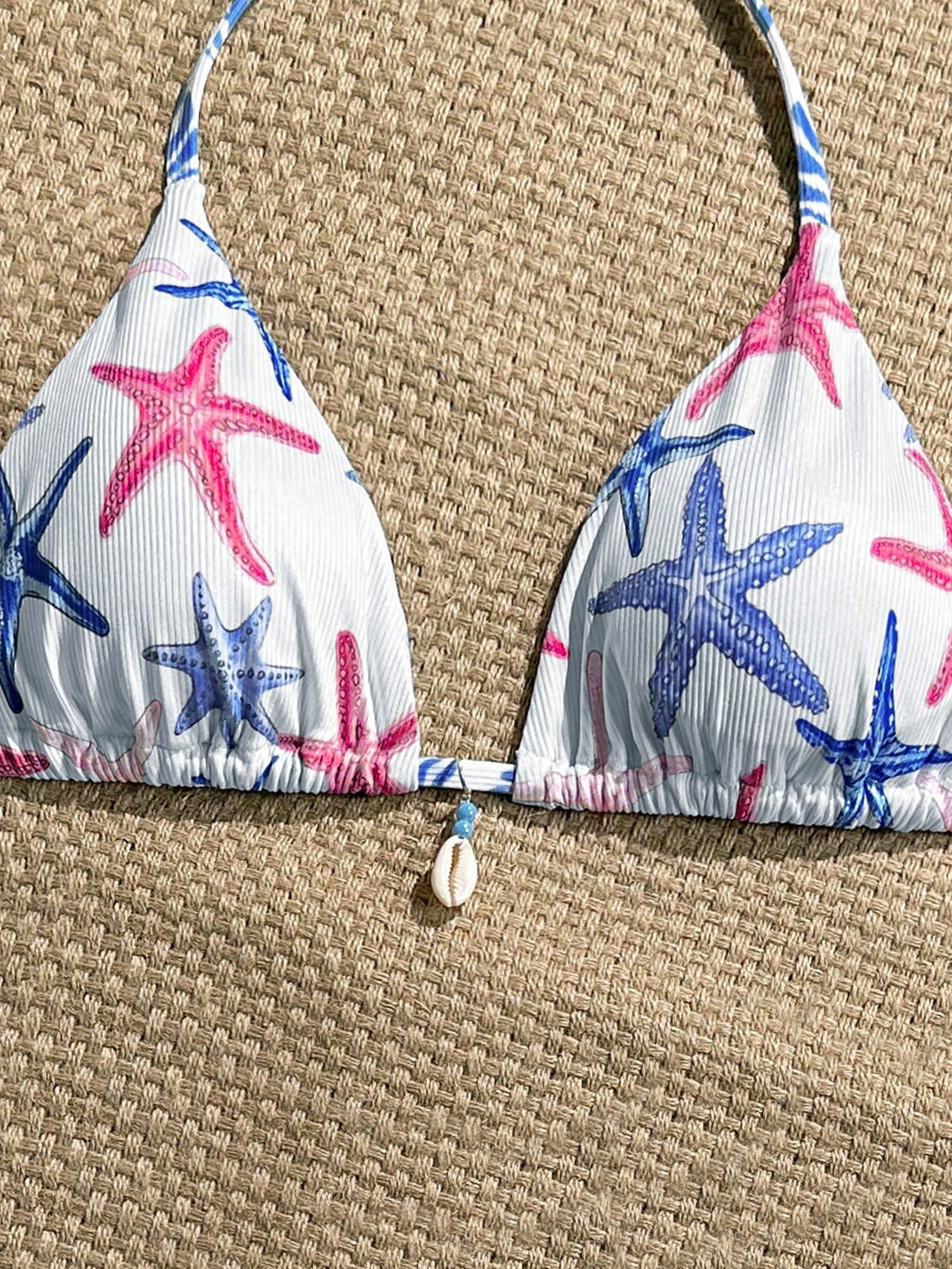 Swim Vcay 1pc Women Summer Vacation Random Seashell Print Ribbed Texture Fabric Halter Bra Top Beachwear Bathers