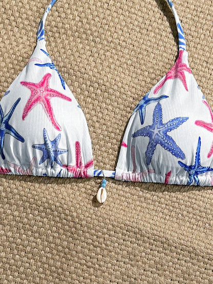 Swim Vcay 1pc Women Summer Vacation Random Seashell Print Ribbed Texture Fabric Halter Bra Top Beachwear Bathers