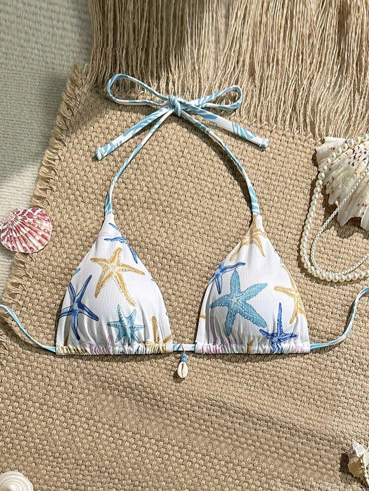 Swim Vcay 1pc Women Summer Vacation Random Seashell Print Ribbed Texture Fabric Halter Bra Top Beachwear Bathers