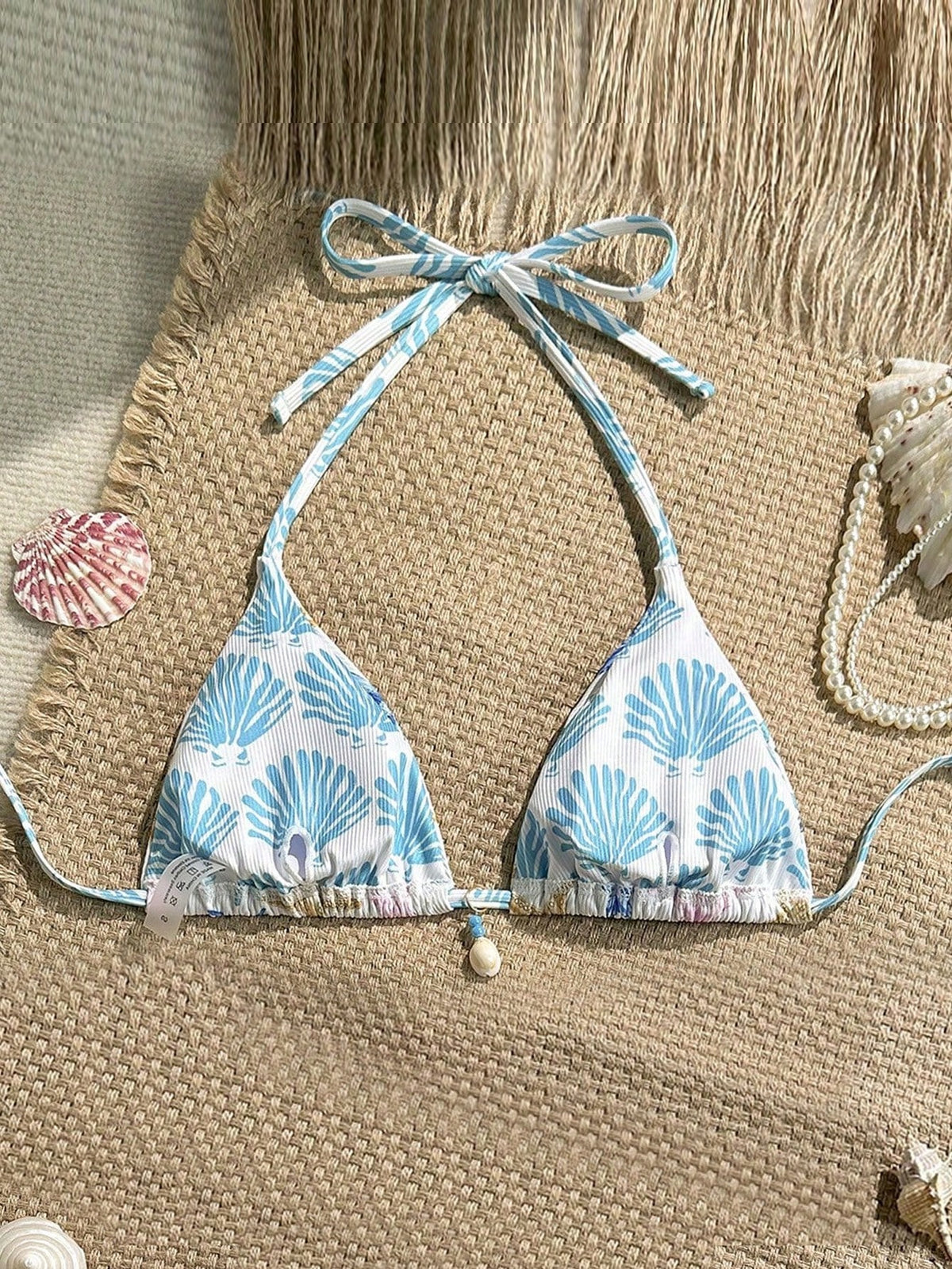 Swim Vcay 1pc Women Summer Vacation Random Seashell Print Ribbed Texture Fabric Halter Bra Top Beachwear Bathers