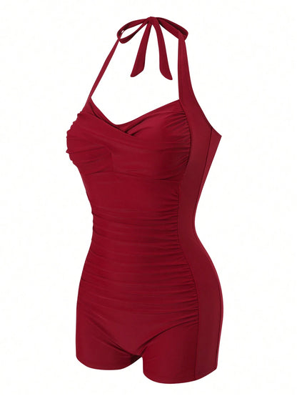 Swim Vcay 2025 Women Beach Vacation Solid Color Halter Tie-Up Casual One Piece Swimsuit Summer