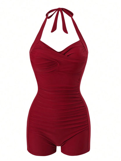 Swim Vcay 2025 Women Beach Vacation Solid Color Halter Tie-Up Casual One Piece Swimsuit Summer