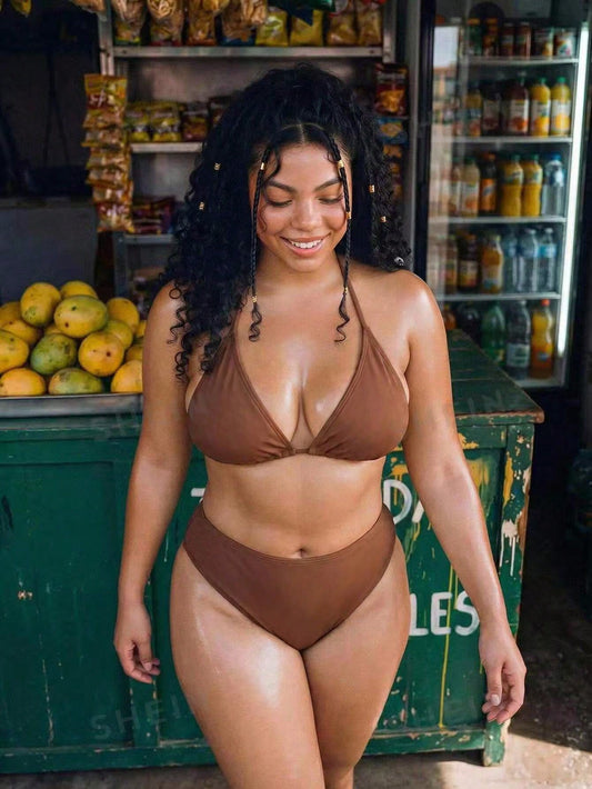 Swim Vcay 2026 Holiday New Year Party Beach Plus Size Women Halter Neck Bikini Two-Piece Swimsuit Set Summer