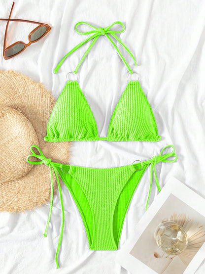 Swim Vcay 2026 Spring/Summer Neon Green Special Fabric Spaghetti Strap Halter Round Ring Decor Side Tie High Cut Thong Bikini Two Pieces Swimsuit For Women
