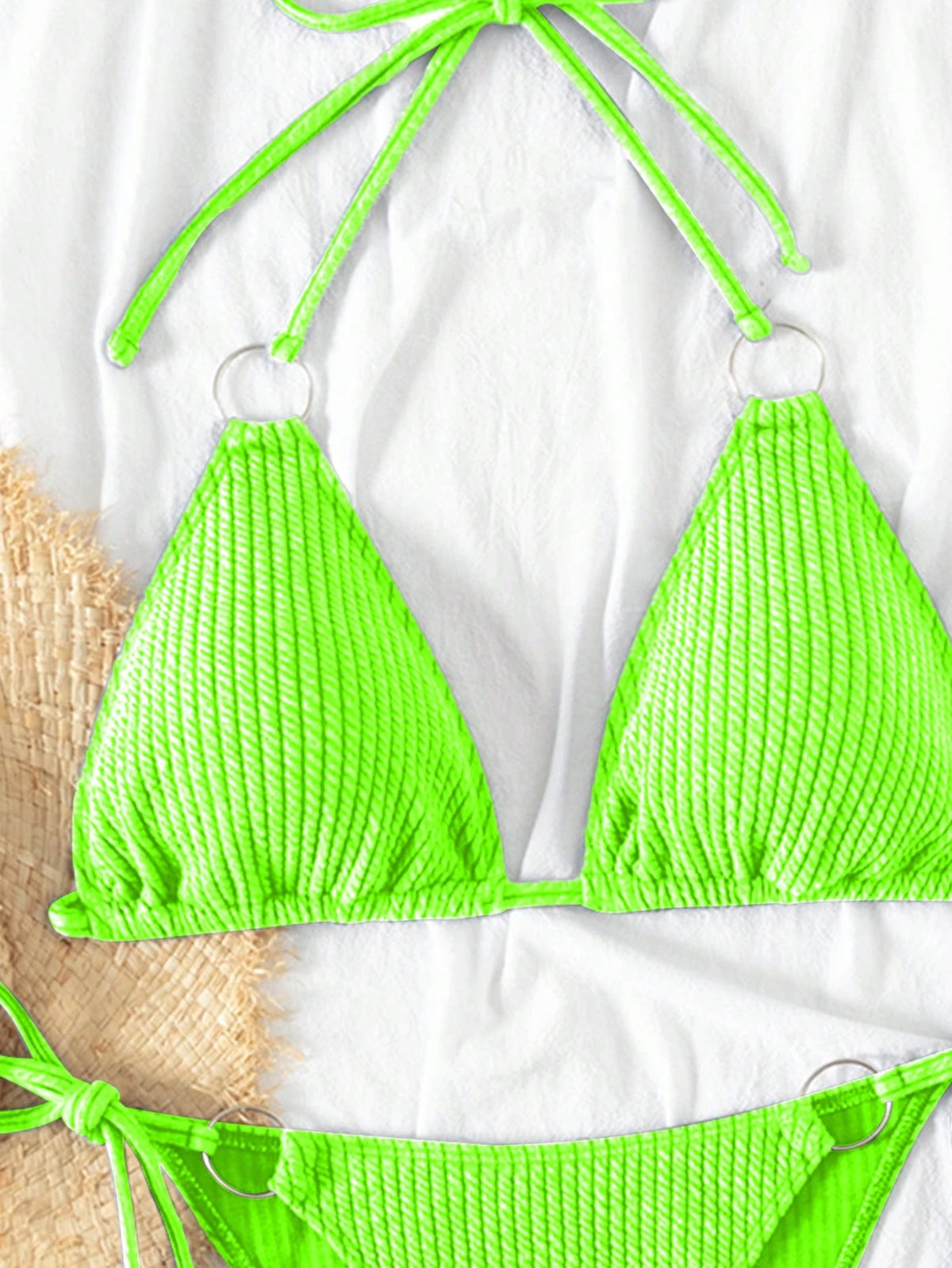 Swim Vcay 2026 Spring/Summer Neon Green Special Fabric Spaghetti Strap Halter Round Ring Decor Side Tie High Cut Thong Bikini Two Pieces Swimsuit For Women
