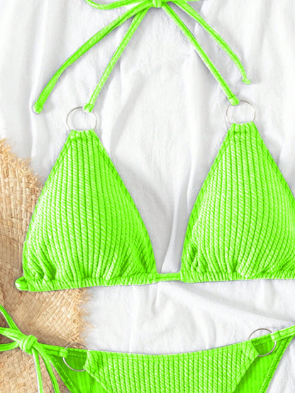 Swim Vcay 2026 Spring/Summer Neon Green Special Fabric Spaghetti Strap Halter Round Ring Decor Side Tie High Cut Thong Bikini Two Pieces Swimsuit For Women