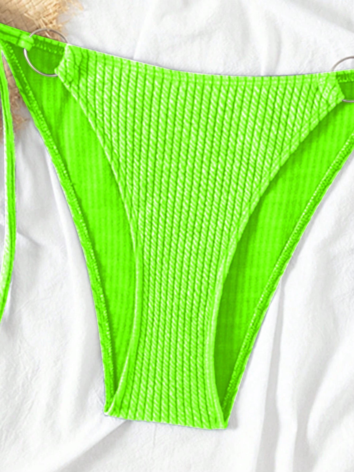 Swim Vcay 2026 Spring/Summer Neon Green Special Fabric Spaghetti Strap Halter Round Ring Decor Side Tie High Cut Thong Bikini Two Pieces Swimsuit For Women