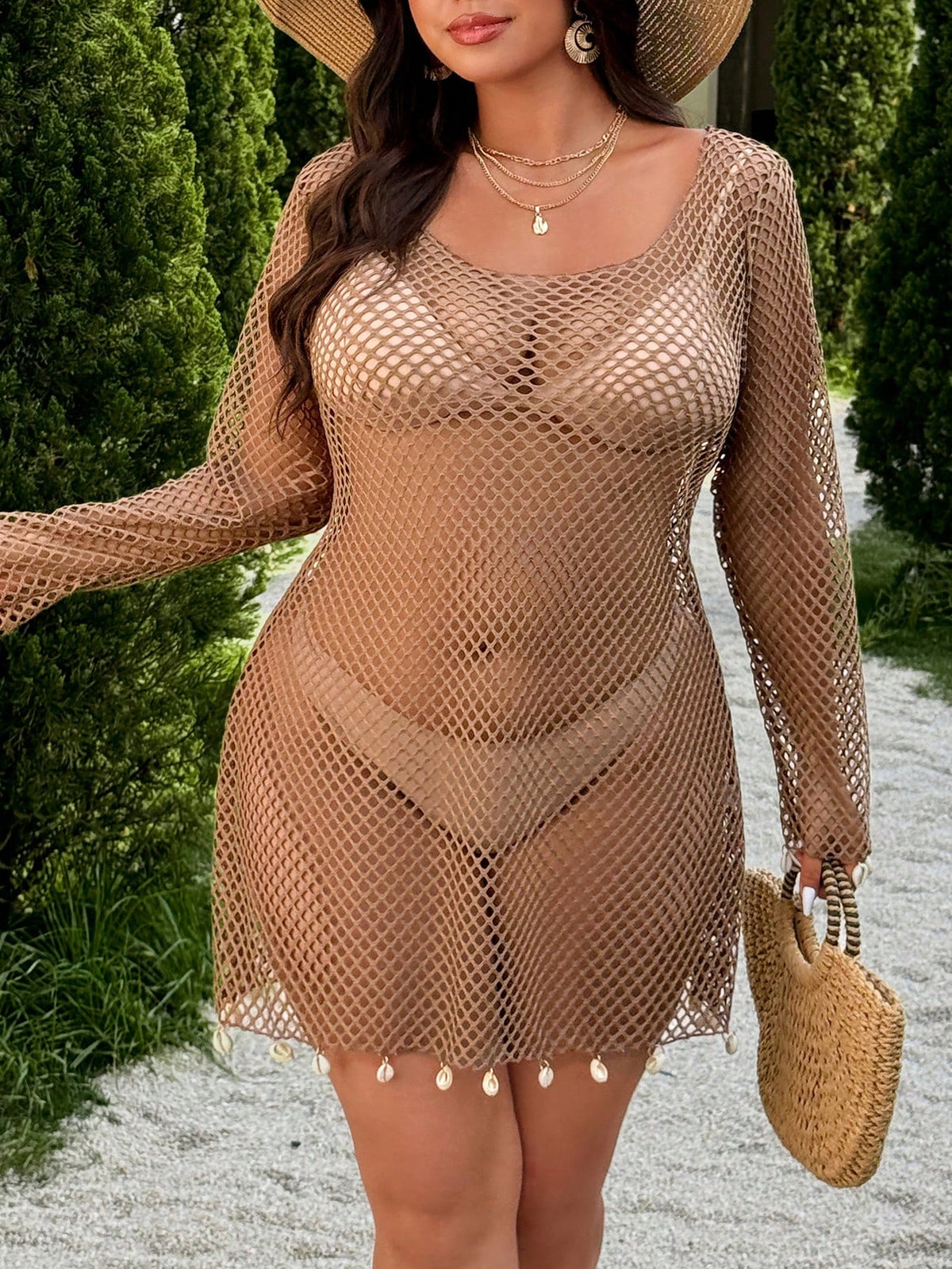 Swim Vcay 2026 Spring/Summer New Solid Color Mesh Fabric Swimsuit Cover-Up, Elegant Shell Decor Long Sleeve Casual Beach Cover Up