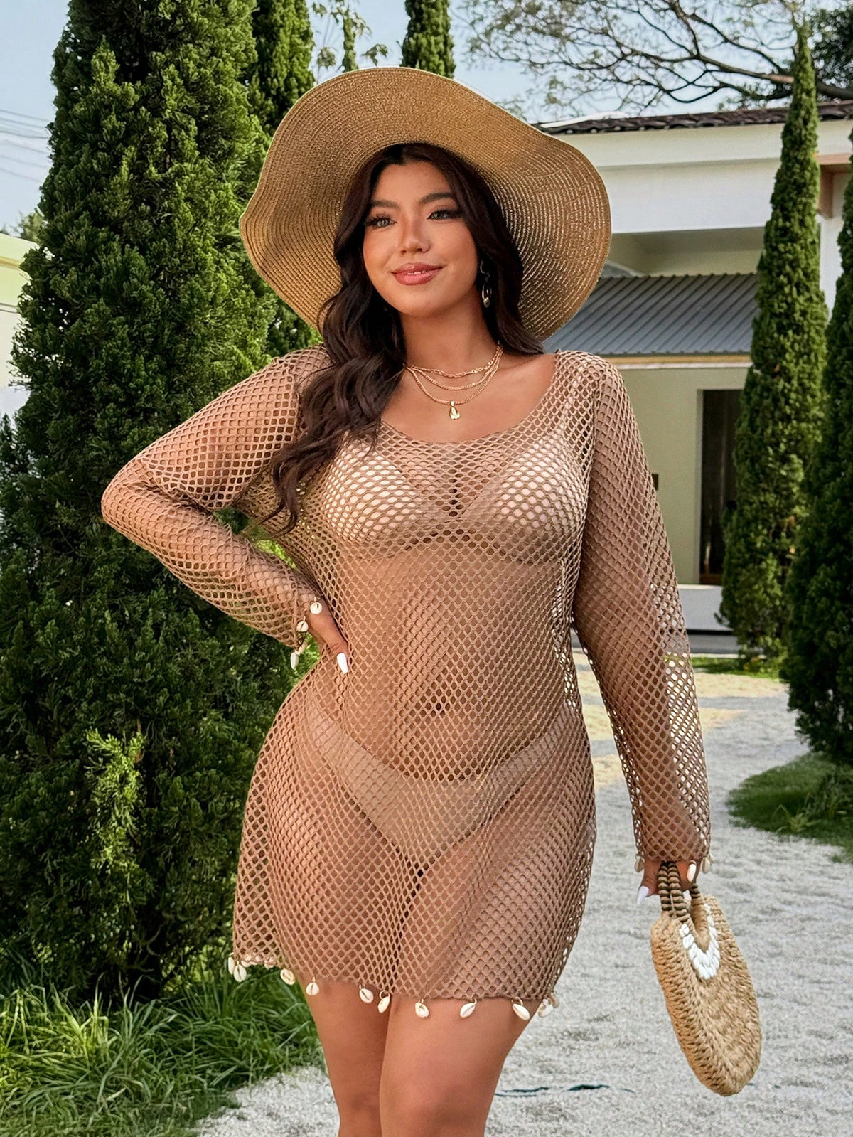 Swim Vcay 2026 Spring/Summer New Solid Color Mesh Fabric Swimsuit Cover-Up, Elegant Shell Decor Long Sleeve Casual Beach Cover Up