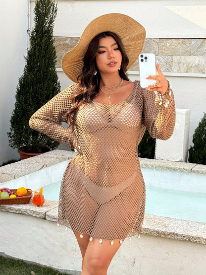 Swim Vcay 2026 Spring/Summer New Solid Color Mesh Fabric Swimsuit Cover-Up, Elegant Shell Decor Long Sleeve Casual Beach Cover Up