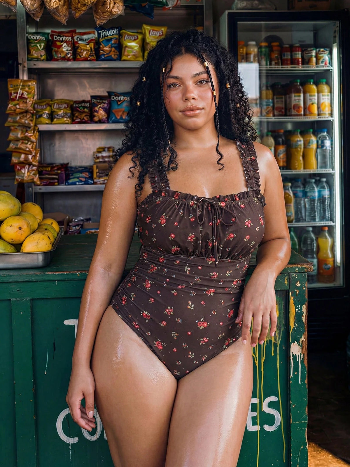 Swim Vcay 2026 Spring/Summer Plus Size One-Piece Swimsuit, Ditsy Floral With Frill Trim Holiday Beach Holiday Vacation Brown Boho