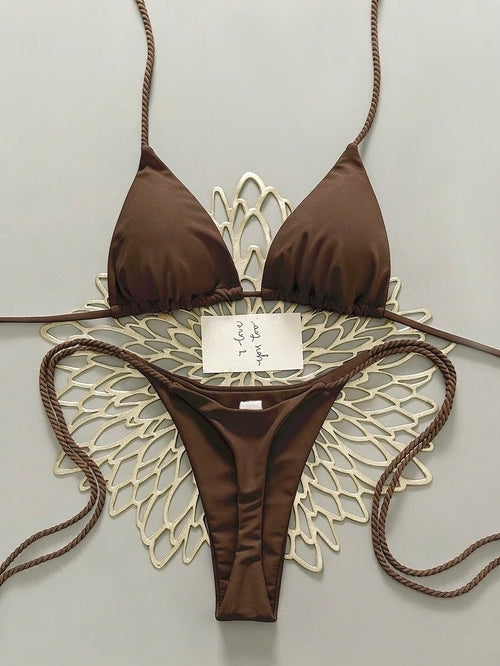 Swim Vcay 2pcs Women Swimwear Set, White Handmade Crochet Bikini Sets For Women Brown Bikini Triangle Bikini Thong Bikini Rope Strap Bikini