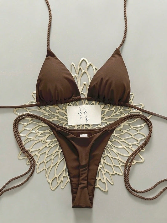 Swim Vcay 2pcs Women Swimwear Set, White Handmade Crochet Bikini Sets For Women Brown Bikini Triangle Bikini Thong Bikini Rope Strap Bikini