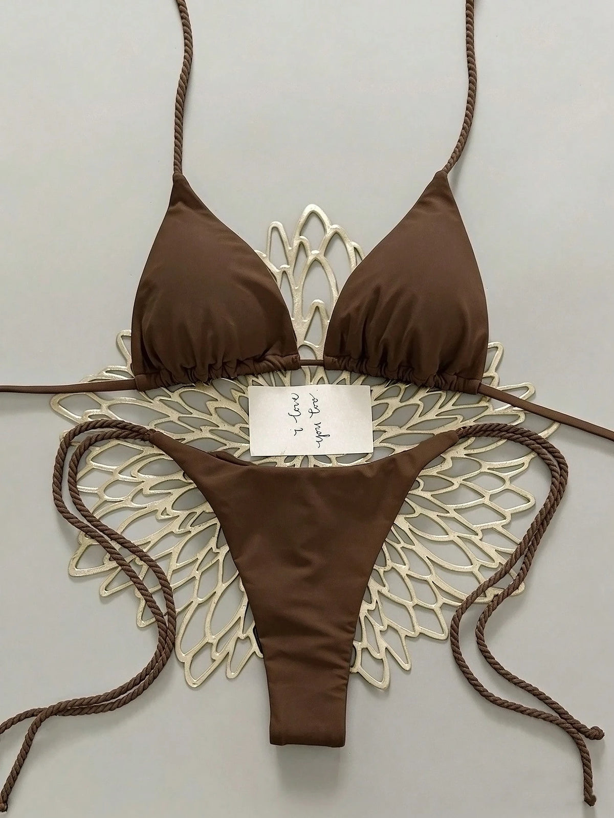 Swim Vcay 2pcs Women Swimwear Set, White Handmade Crochet Bikini Sets For Women Brown Bikini Triangle Bikini Thong Bikini Rope Strap Bikini
