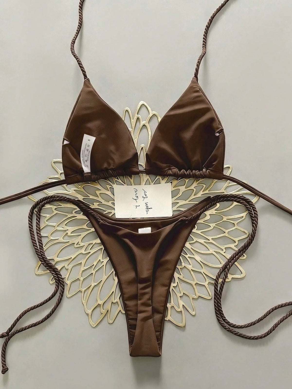 Swim Vcay 2pcs Women Swimwear Set, White Handmade Crochet Bikini Sets For Women Brown Bikini Triangle Bikini Thong Bikini Rope Strap Bikini