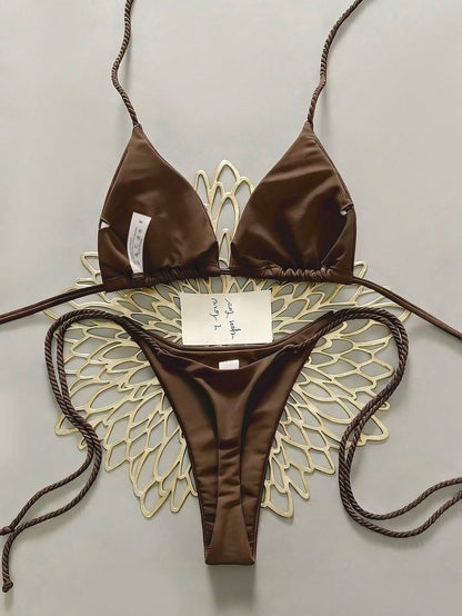 Swim Vcay 2pcs Women Swimwear Set, White Handmade Crochet Bikini Sets For Women Brown Bikini Triangle Bikini Thong Bikini Rope Strap Bikini