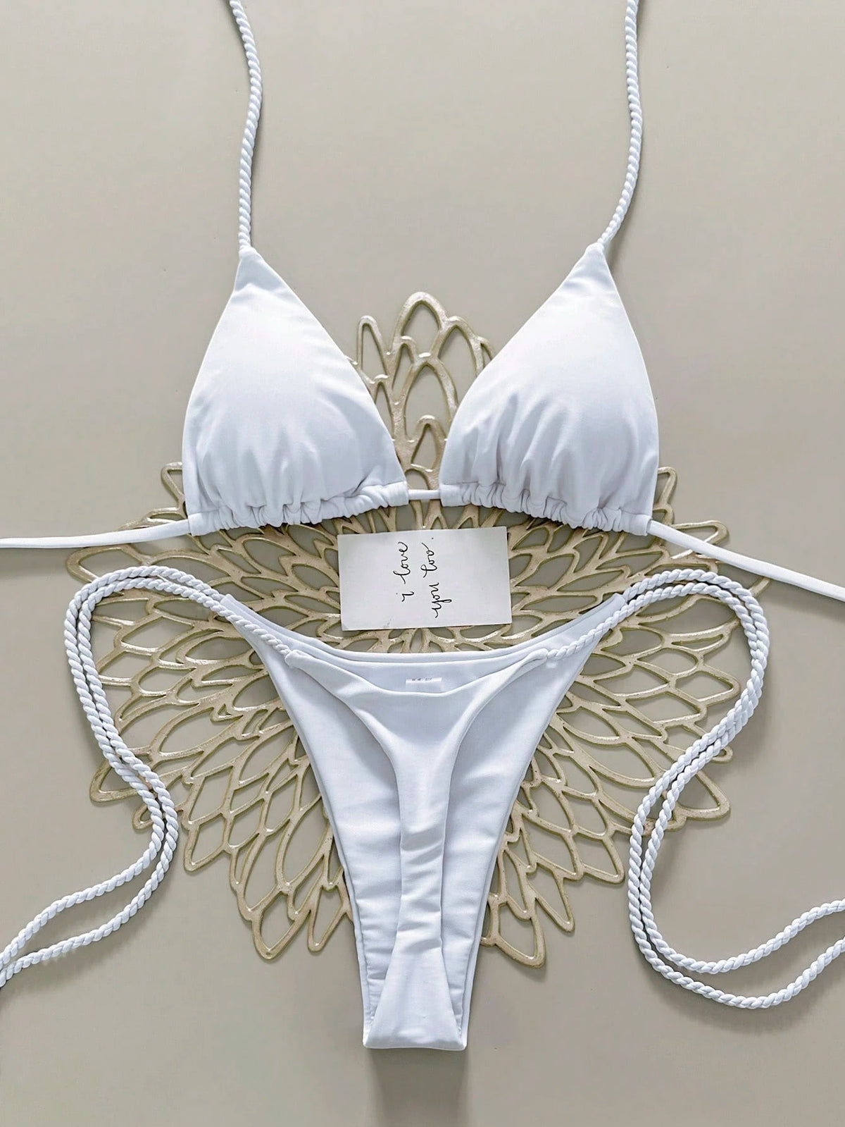 Swim Vcay 2pcs Women Swimwear Set, White Handmade Crochet Bikini Sets For Women Brown Bikini Triangle Bikini Thong Bikini Rope Strap Bikini