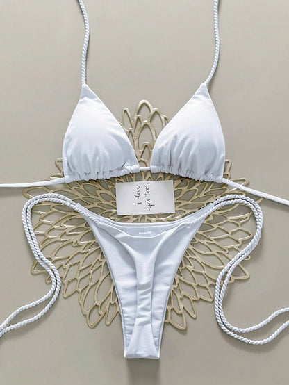 Swim Vcay 2pcs Women Swimwear Set, White Handmade Crochet Bikini Sets For Women Brown Bikini Triangle Bikini Thong Bikini Rope Strap Bikini