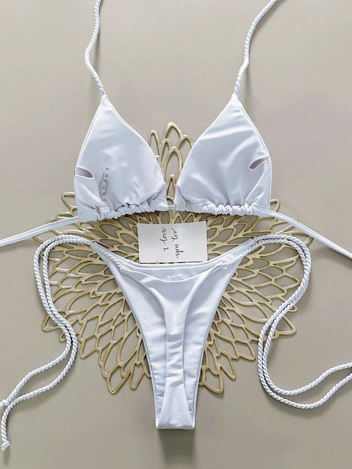 Swim Vcay 2pcs Women Swimwear Set, White Handmade Crochet Bikini Sets For Women Brown Bikini Triangle Bikini Thong Bikini Rope Strap Bikini