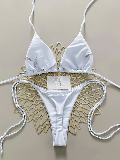 Swim Vcay 2pcs Women Swimwear Set, White Handmade Crochet Bikini Sets For Women Brown Bikini Triangle Bikini Thong Bikini Rope Strap Bikini