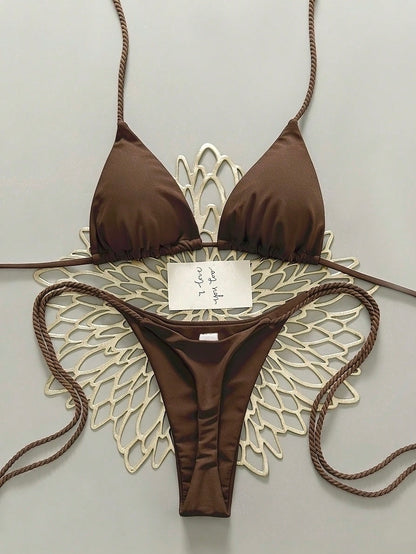 Swim Vcay 2pcs Women Swimwear Set, White Handmade Crochet Bikini Sets For Women Brown Bikini Triangle Bikini Thong Bikini Rope Strap Bikini